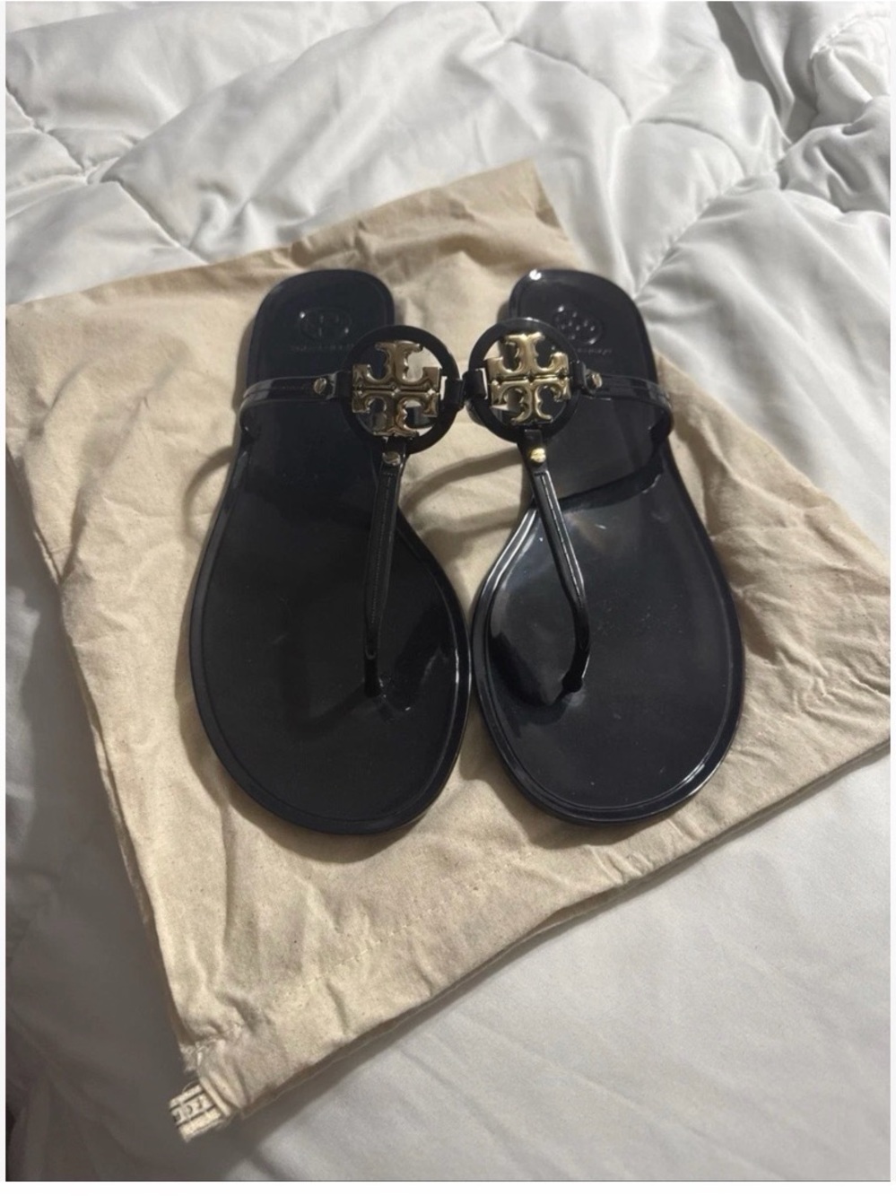 Tory Burch Black Jelly Logo Thong Sandals with Gold Emblem